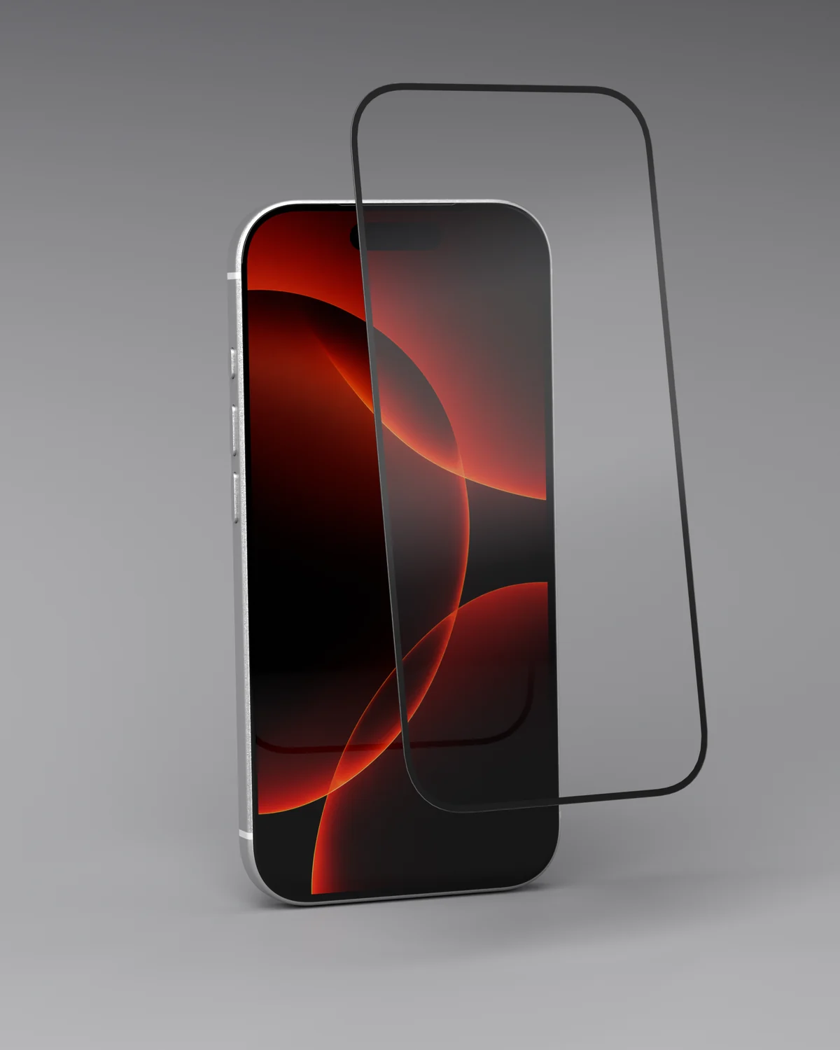 An angled view of KRYSTiO glass over the phone, showing its precise border and curved corners