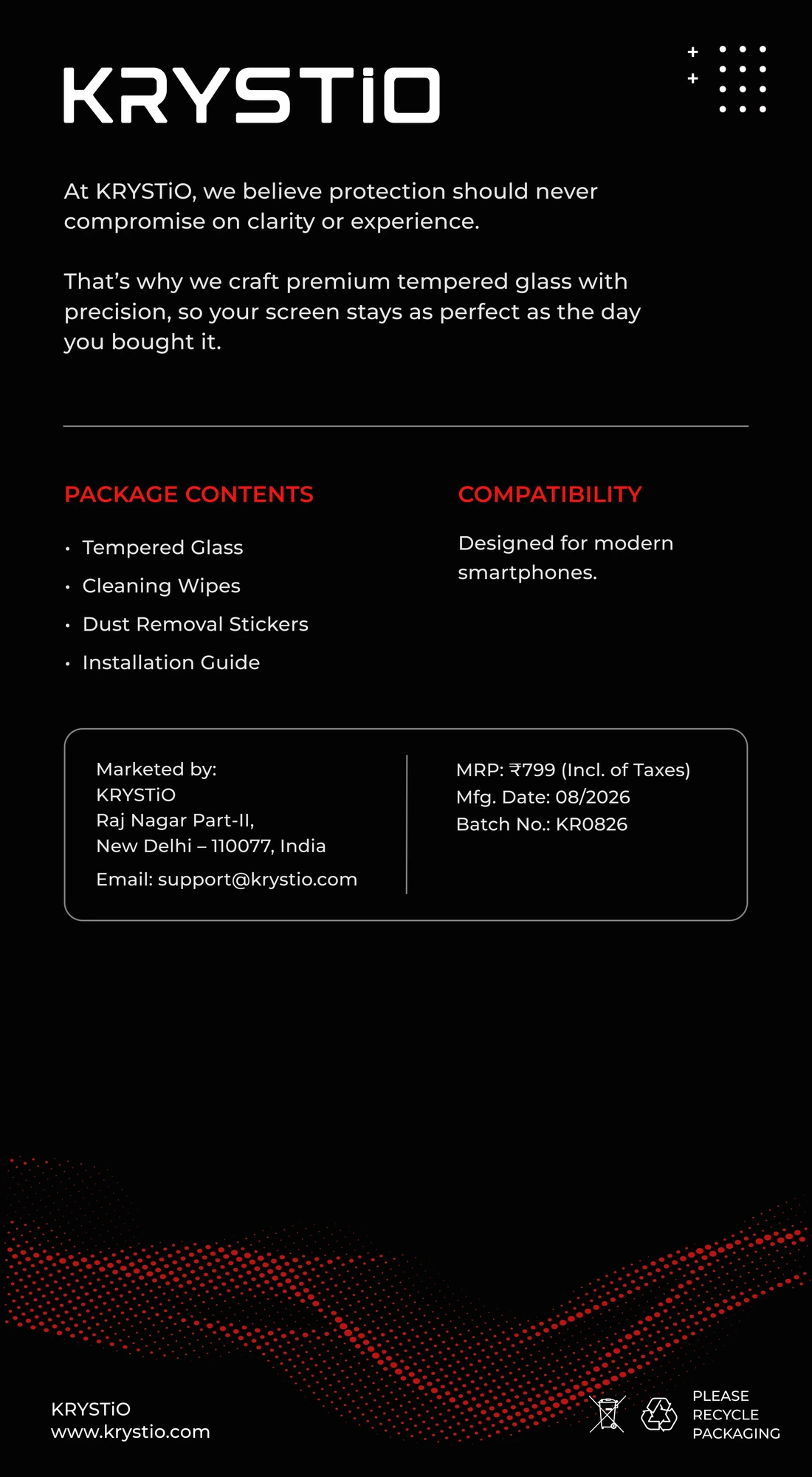 Back of KRYSTiO packaging, with package contents, care details and support information