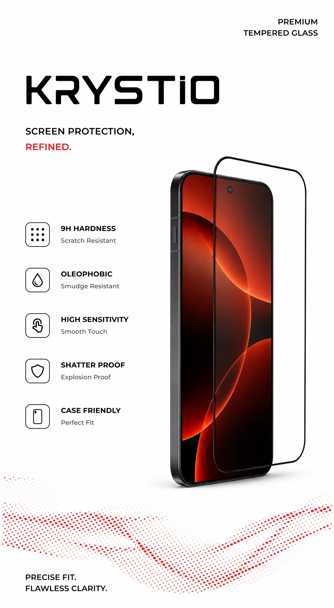 Front of KRYSTiO packaging, with the original wordmark, glass illustration and red halftone artwork